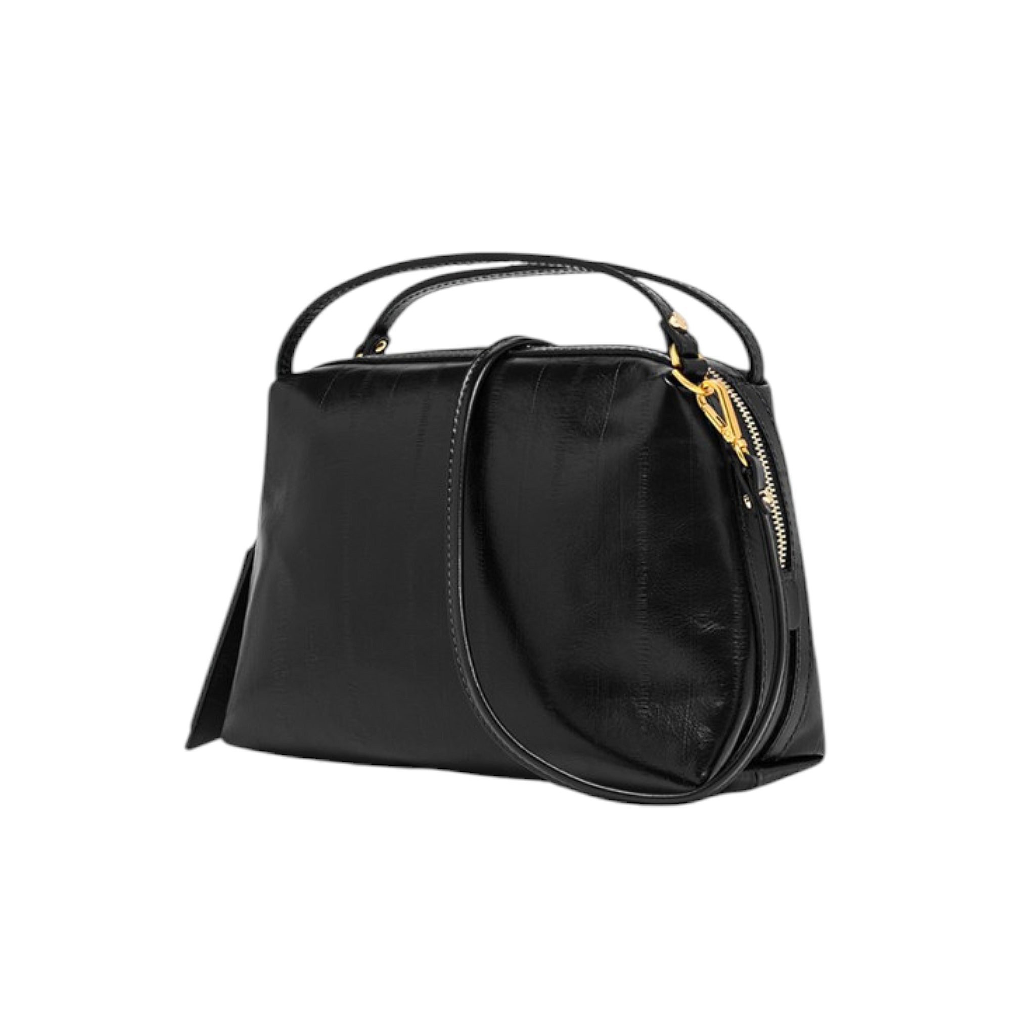 Black handbag with fine lined texture, two top handles, a shoulder strap, and a gold-toned zipper closure.