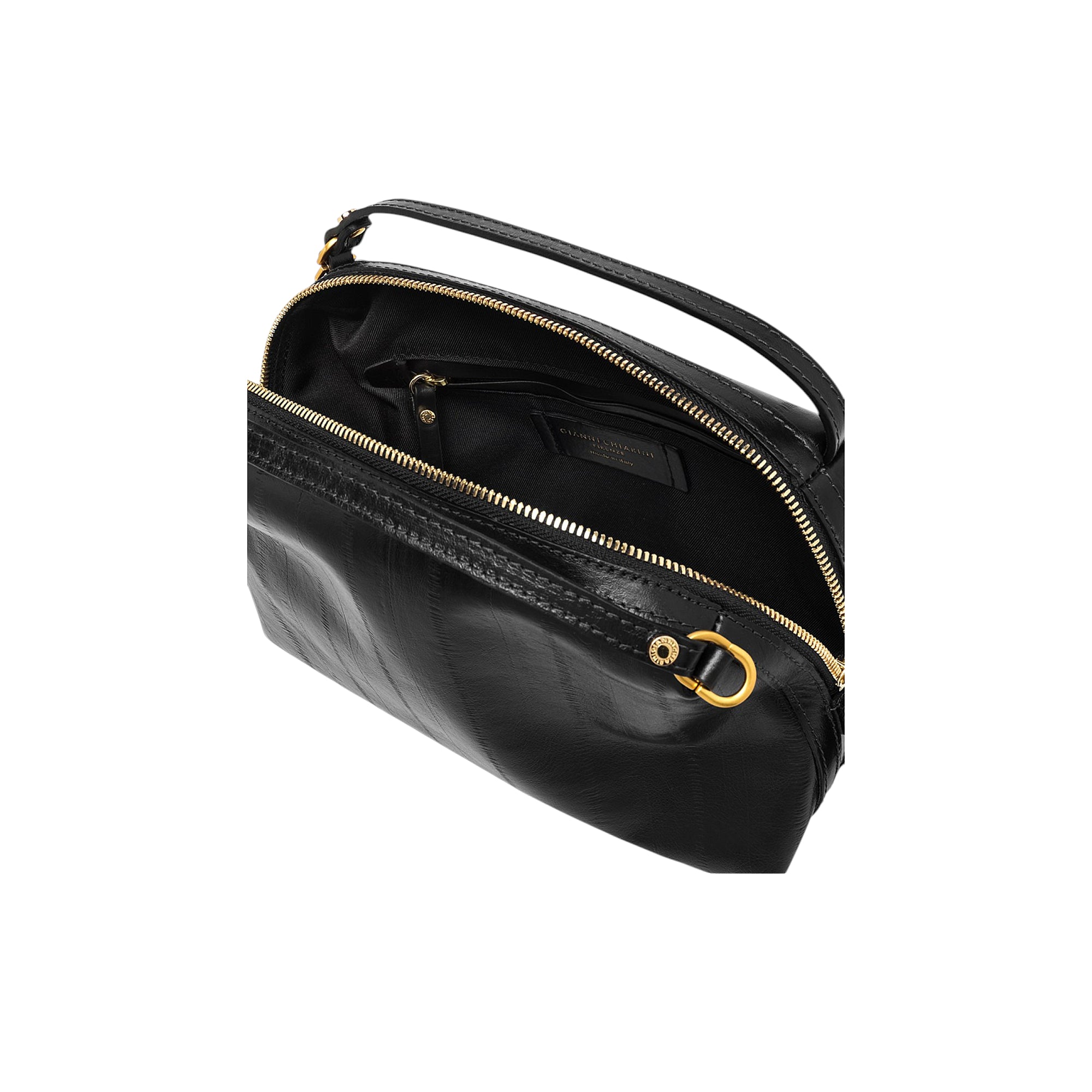 Black crinkled leather handbag with a top gold-toned zipper closure, a small black handle, and an open interior with a zip po