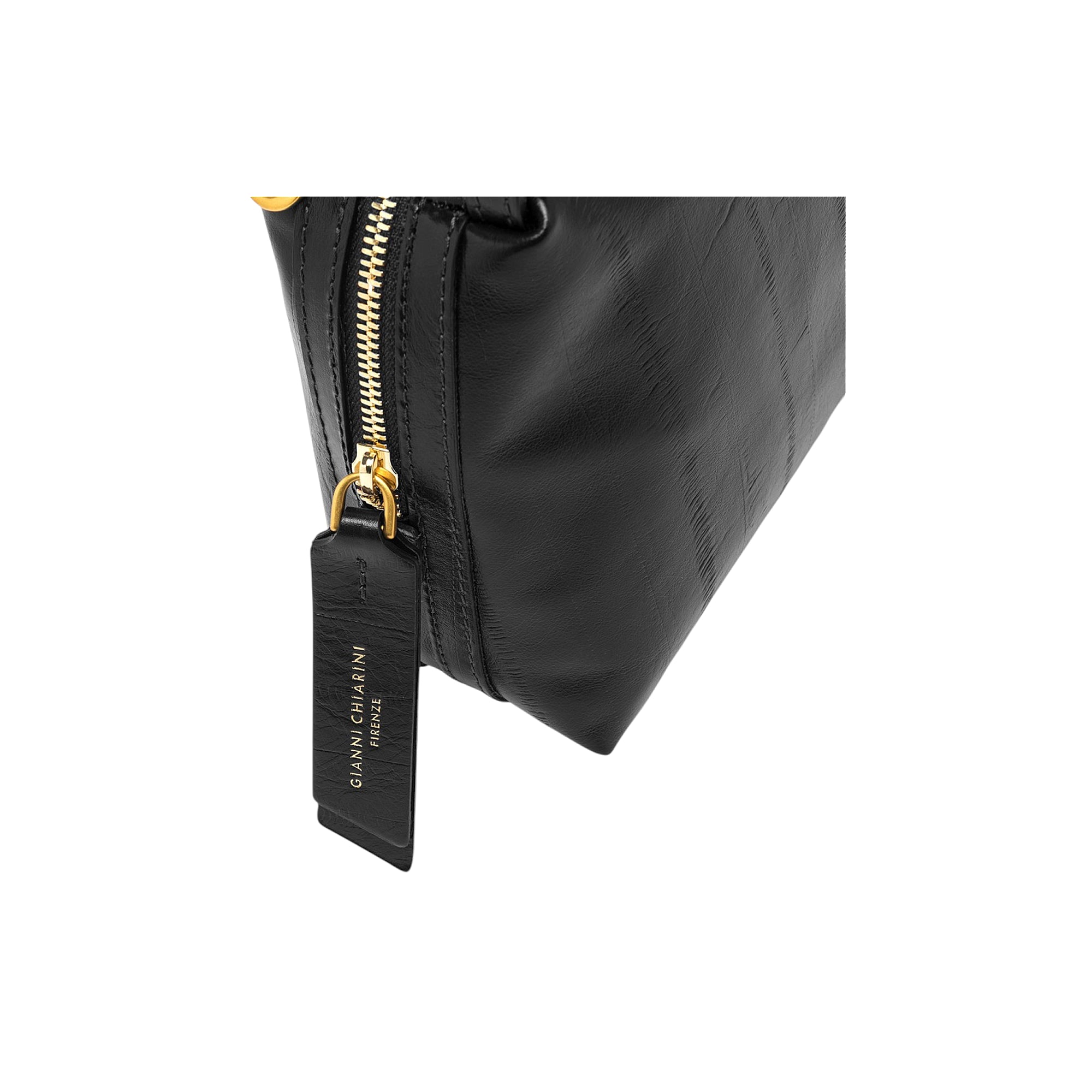 Black leather handbag with a gold-toned zipper and a black leather tag embossed with 'GIANNI CHIARINI FIRENZE'.