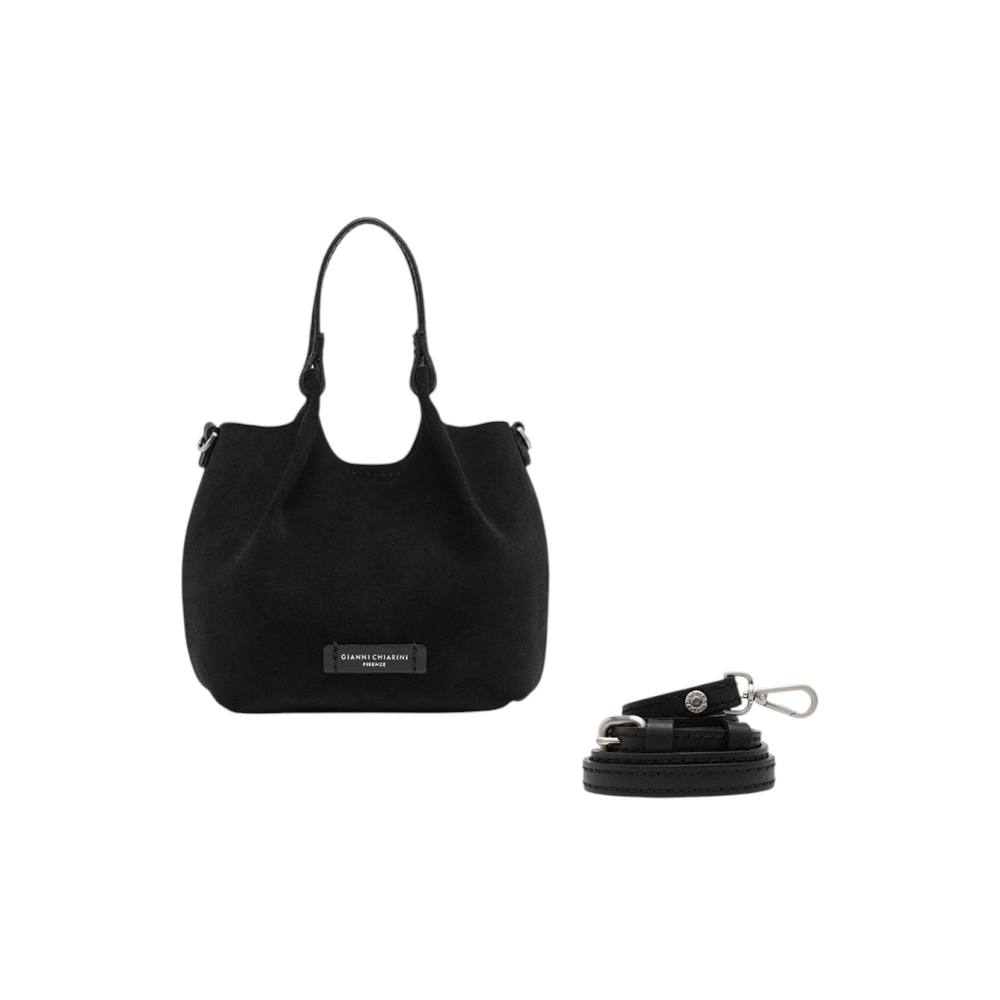 Black slouchy handbag with two curved top handles, a brand label, and silver-toned side rings. Separate black strap with silv