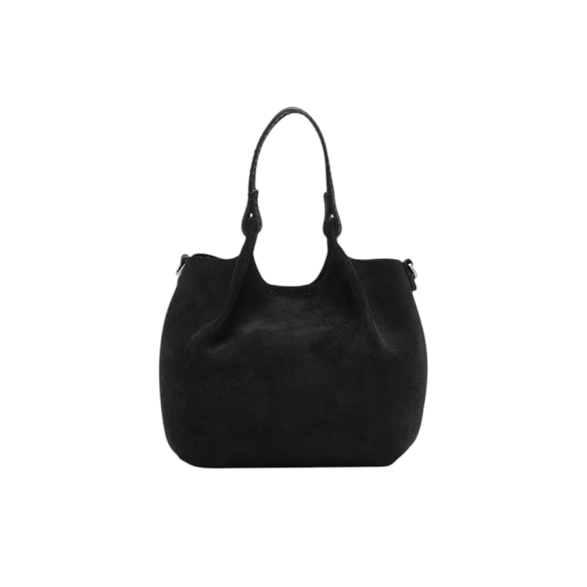 Black slouchy hobo handbag with a soft, textured body and a braided top handle. Includes a side attachment for a shoulder str
