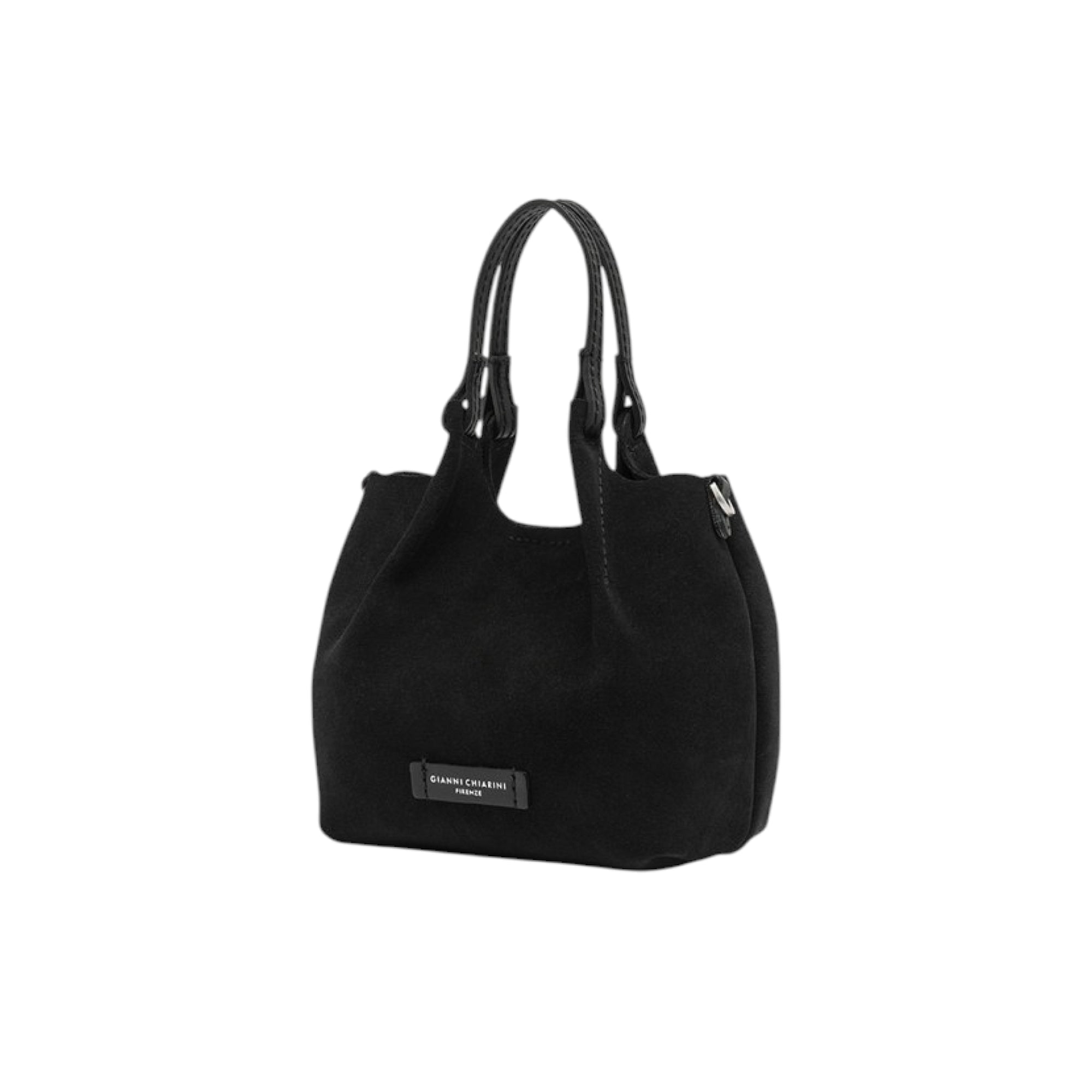 Black fabric handbag with a soft, unstructured body and twisted black top handles. Features a front brand label and silver-to
