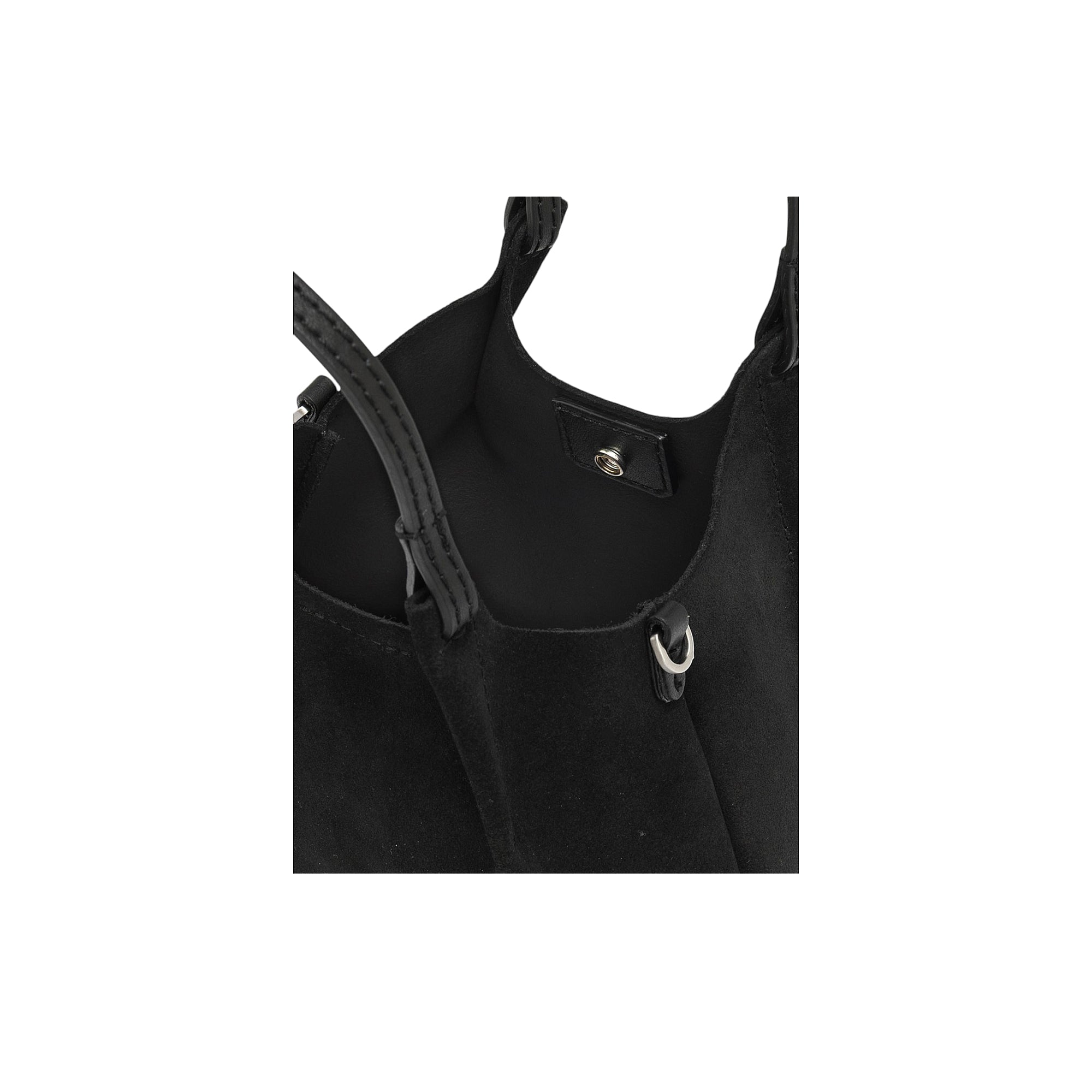 Black handbag with suede-like exterior, smooth interior, two top handles, silver-toned magnetic snap closure, and D-ring.