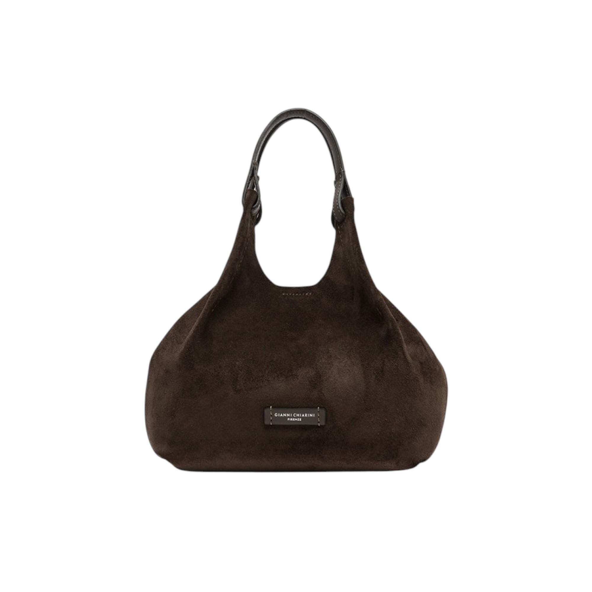 Dark brown slouchy suede handbag with a single dark brown smooth leather top handle and a small brand label on the front.
