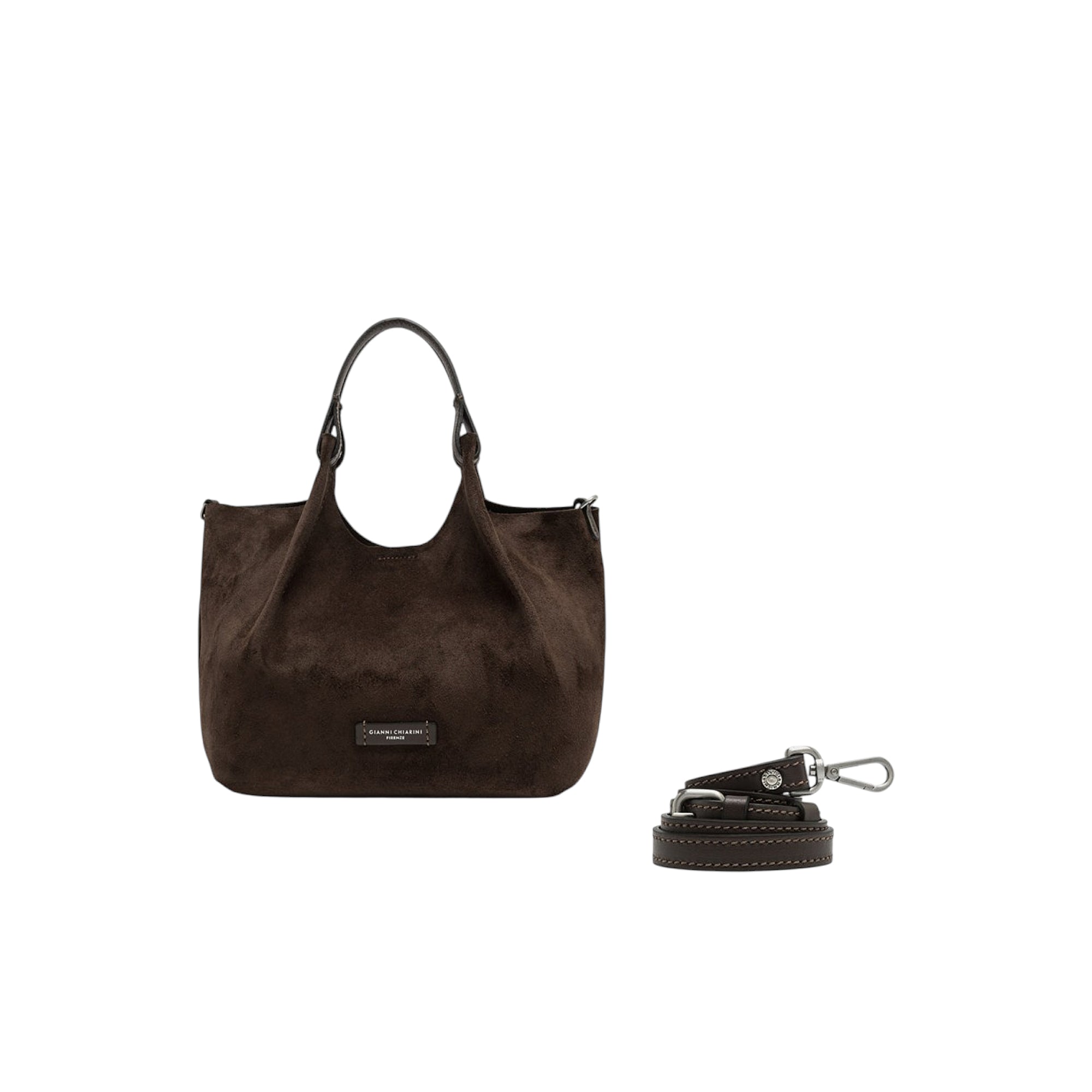 Dark brown suede hobo handbag with two top handles. Separate dark brown strap with white stitching and silver-toned hardware.