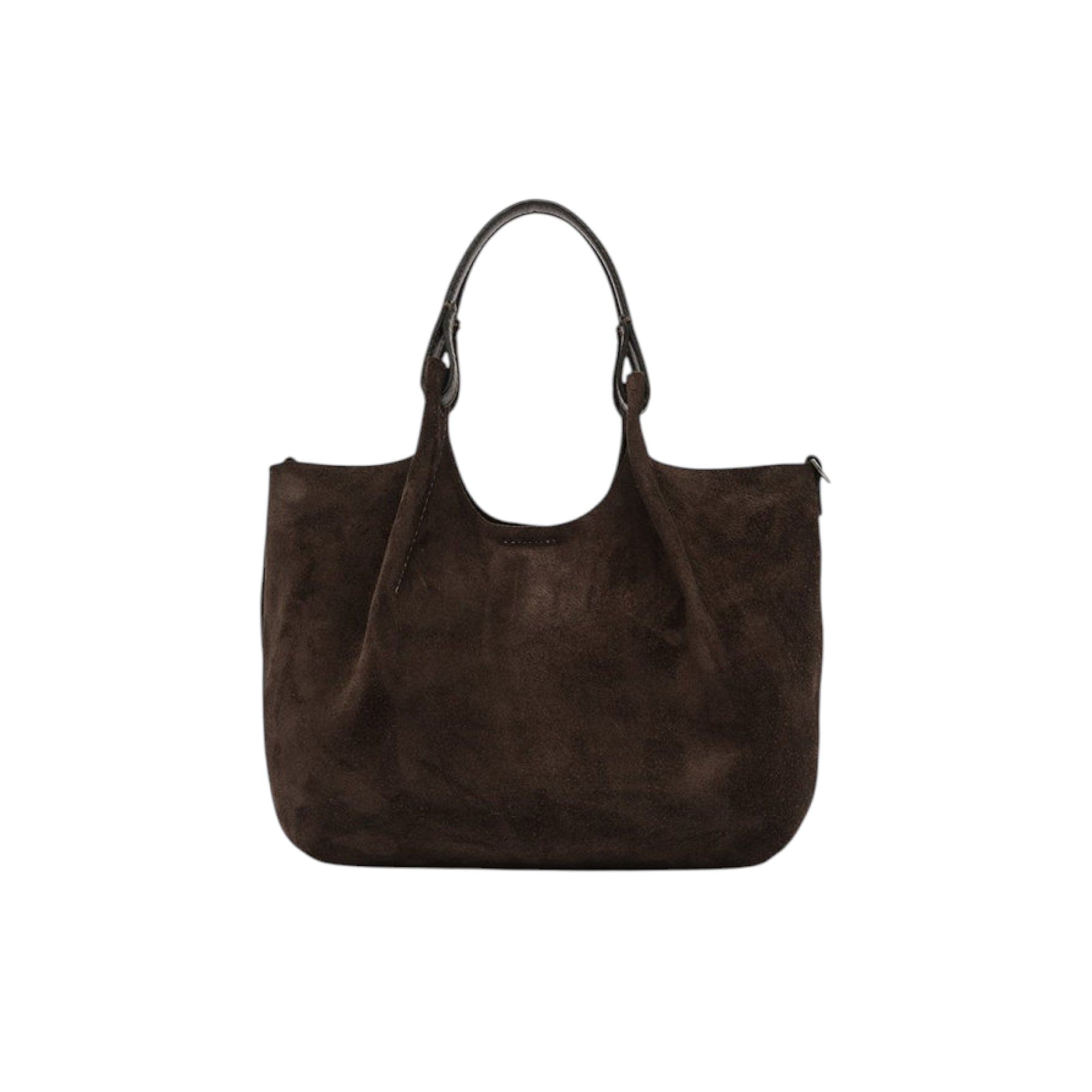 Dark brown suede handbag with a slouchy shape and two dark brown handles. A zipper pull is visible on the right.