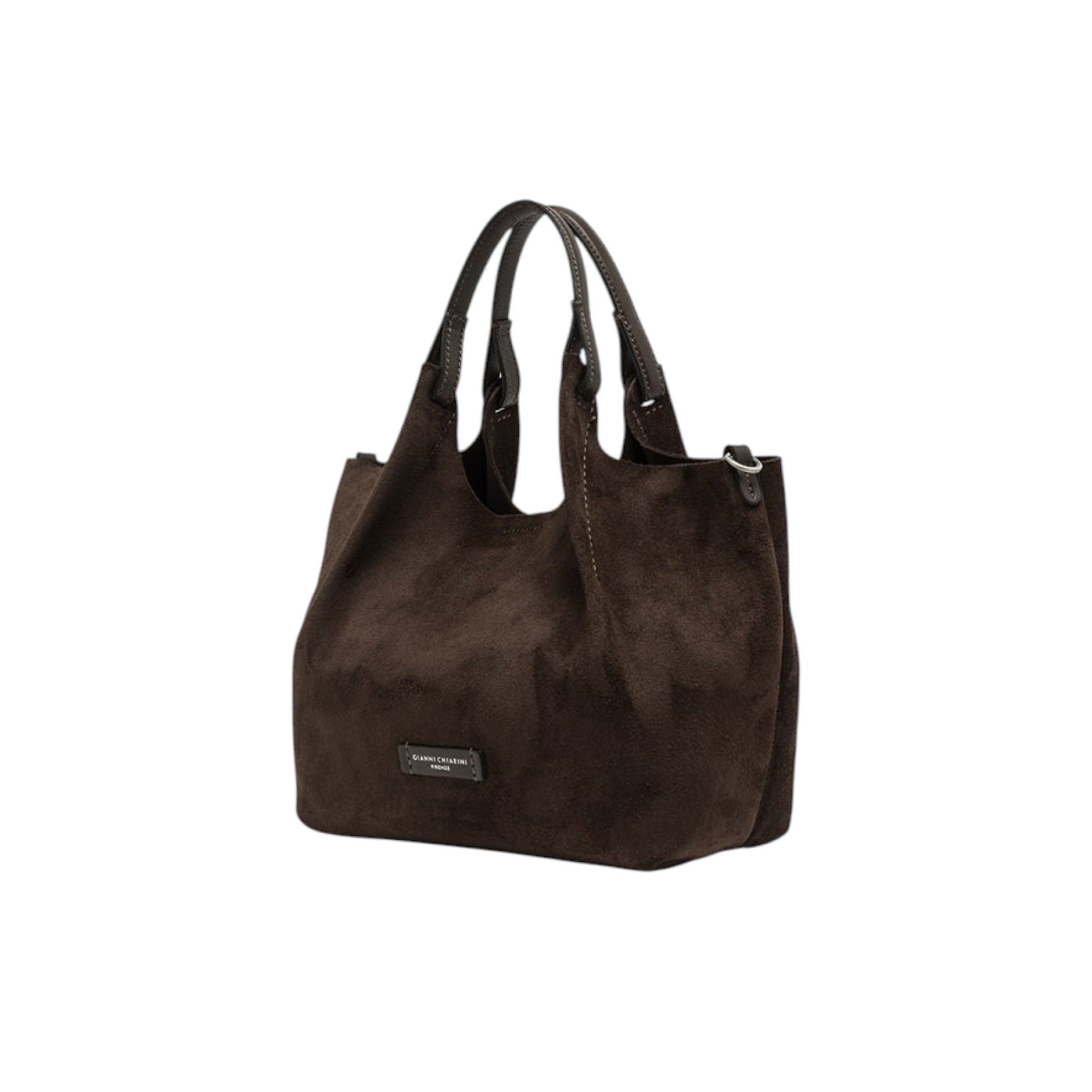 Dark brown suede handbag with two dark brown leather top handles, a front logo patch, and a silver-toned D-ring.