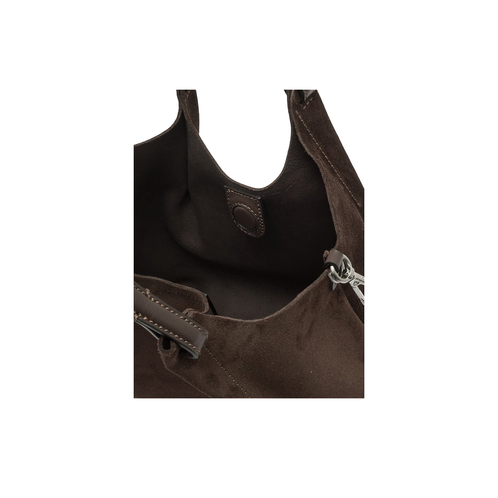 Dark brown suede handbag with smooth leather lining, a magnetic snap closure, and a silver-toned clasp.