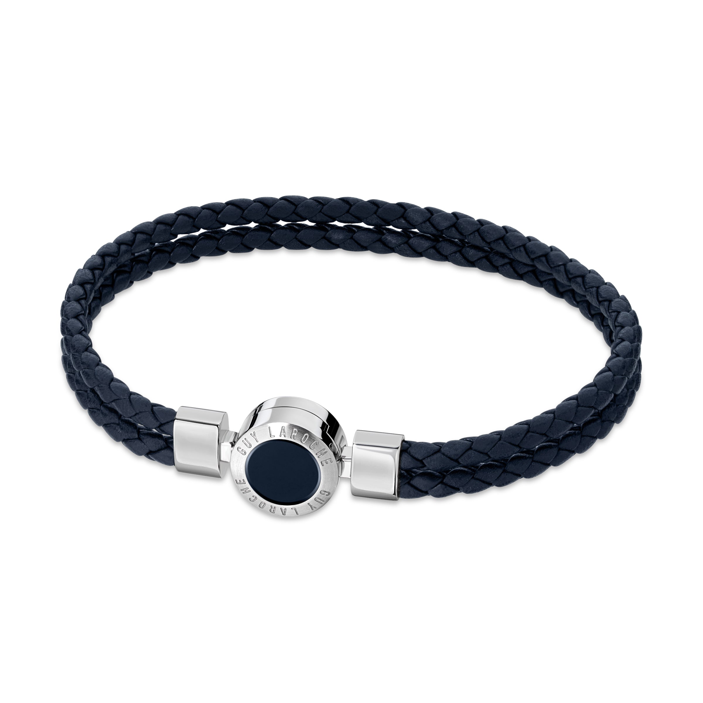 Men's double-strand braided navy blue leather bracelet with a polished silver-toned stainless steel clasp featuring a circula
