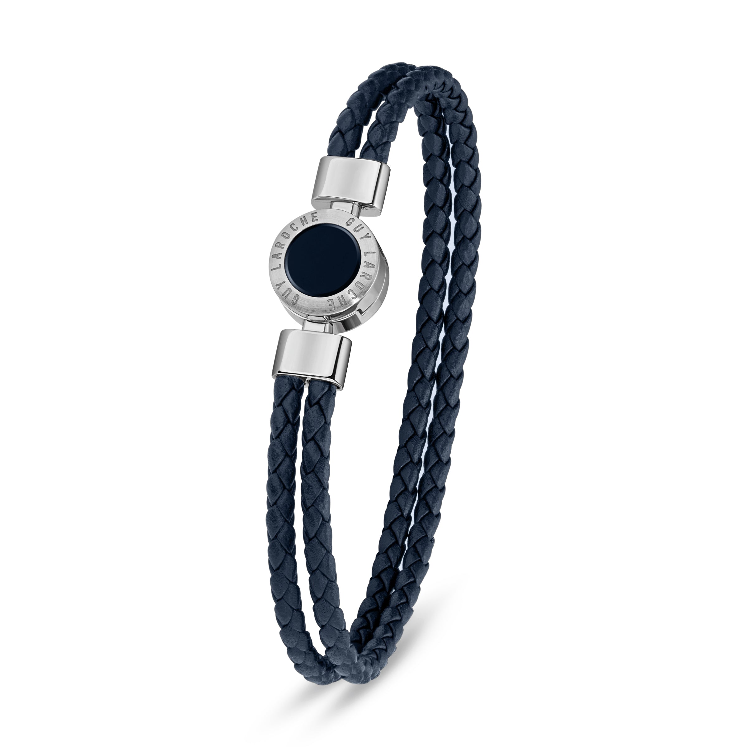 Double braided blue leather bracelet with a silver-toned clasp featuring a dark blue stone and 'GUY LAROCHE' engraving.