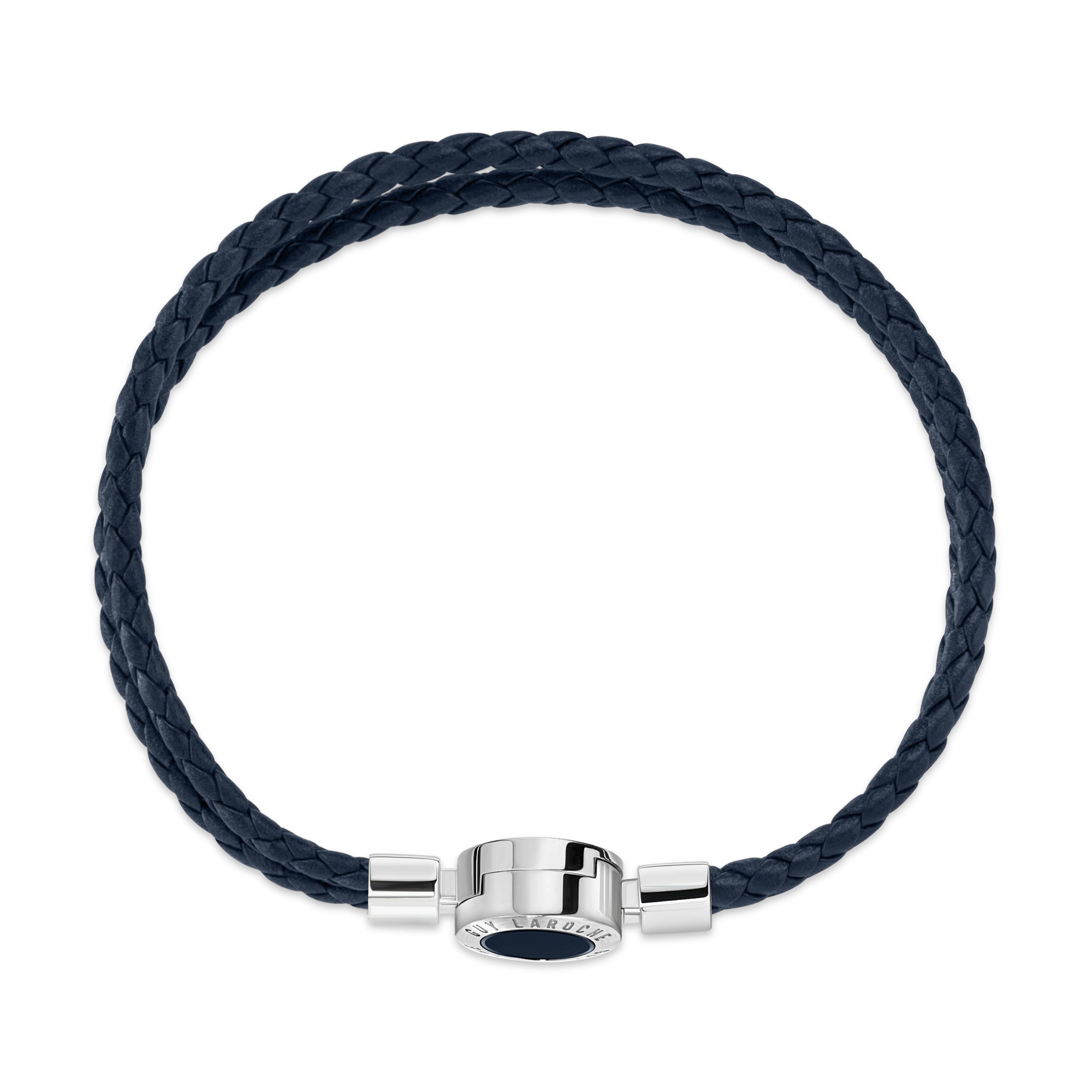 Two braided dark blue leather strands form a bracelet with a silver-toned cylindrical clasp featuring a blue 'GUY LAROCHE' in