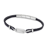 Men's bracelet with two black braided leather strands and a silver-toned stainless steel clasp with a geometric pattern.