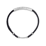 Black braided leather bracelet with a silver-toned curved bar with 3 puzzle cutouts and a straight bar with 2 cylindrical bea