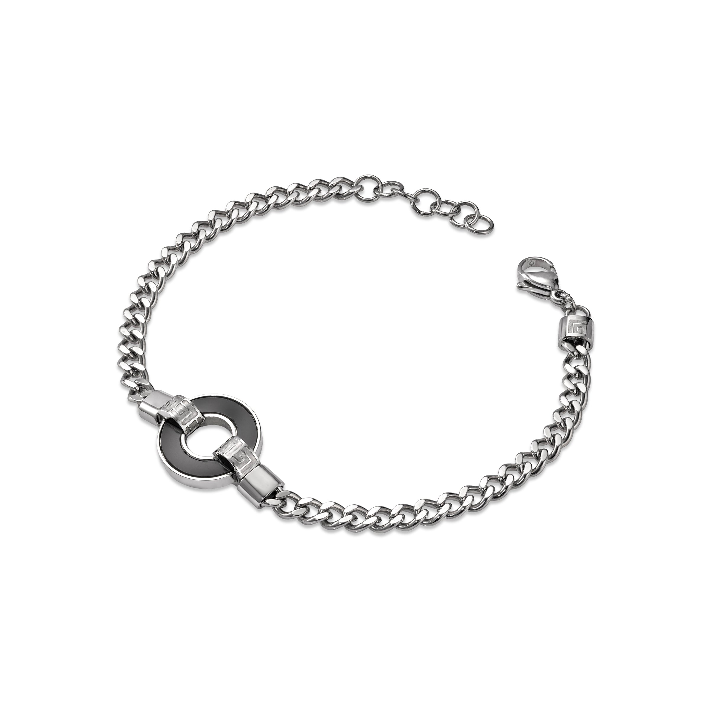 Silver-toned stainless steel chain bracelet with a black central ring and lobster clasp closure.