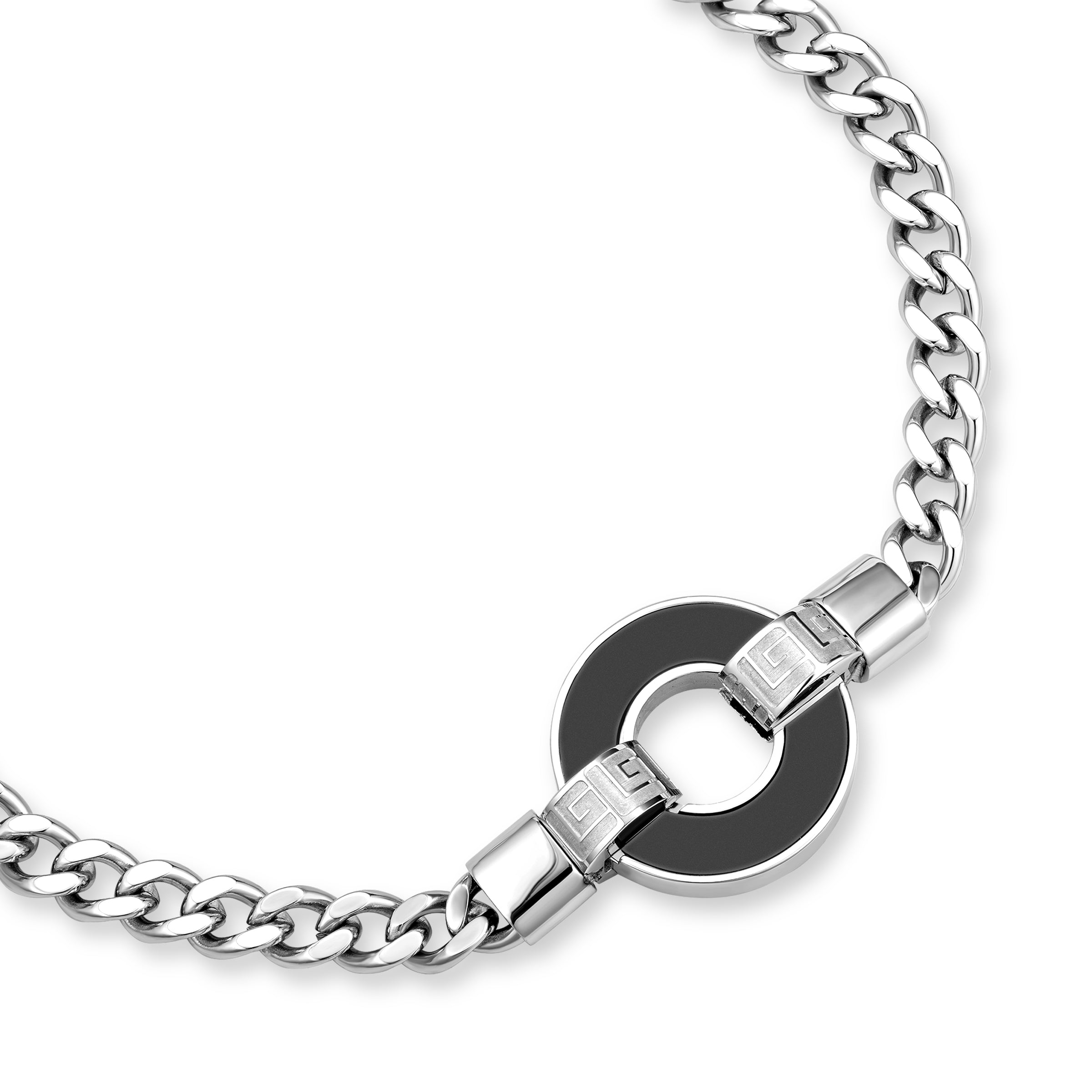 Silver-toned curb chain bracelet with a black onyx ring centerpiece. The ring is connected by two silver-toned clasps with a