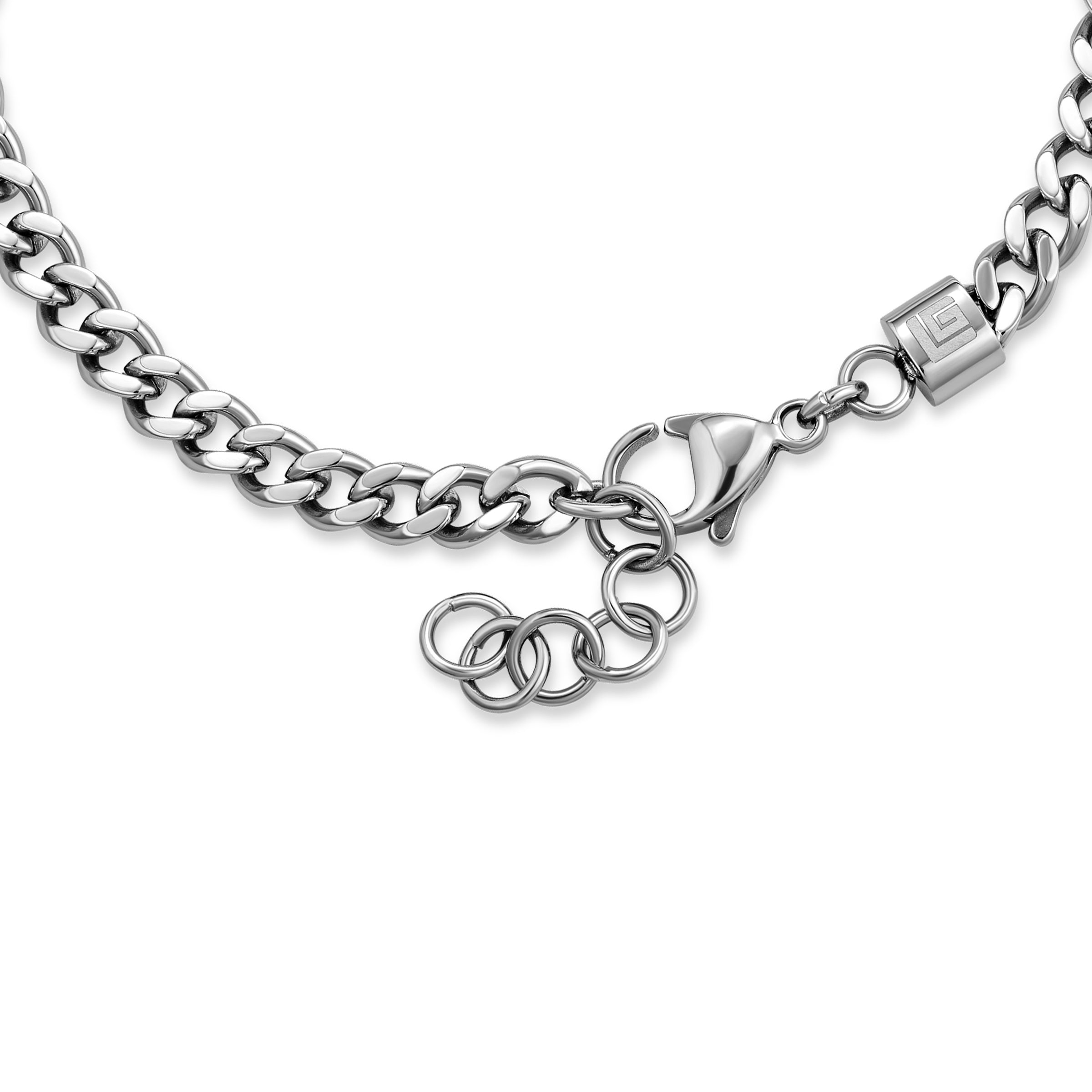 Silver-toned curb chain bracelet with a lobster clasp, an extension chain of rings, and a cylindrical bead with an engraved l