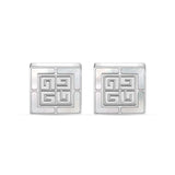 Pair of square silver-toned cufflinks with a central geometric logo and iridescent white Mother of Pearl inlay.