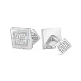 Silver-toned cufflinks. One has a square mother-of-pearl face with a geometric logo. The other shows its polished back and sm