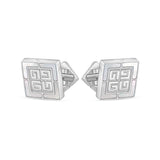 Pair of silver-toned cufflinks with a brushed finish. Each features a diagonal square face with mother-of-pearl inlay and a "