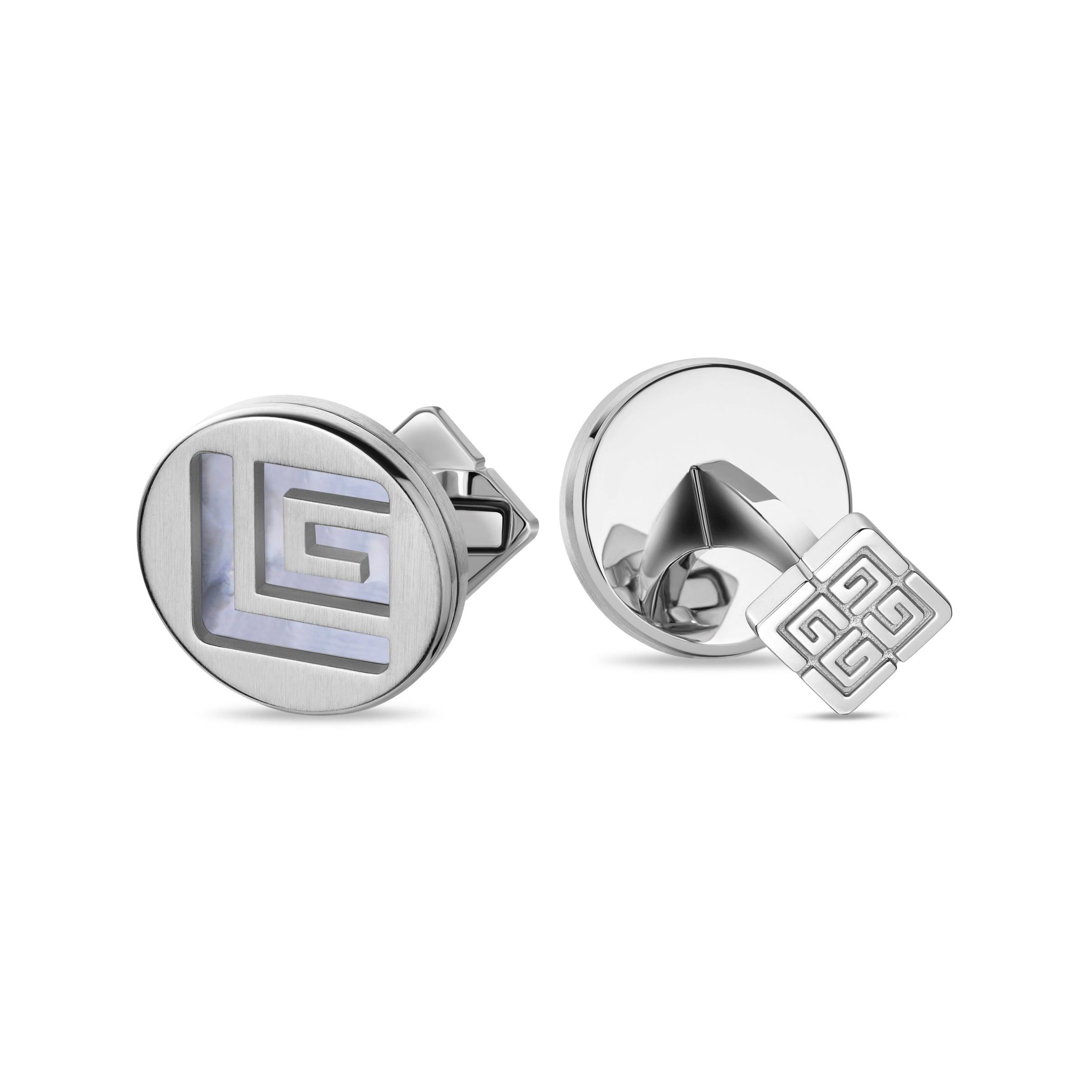 Silver-toned cufflinks. One: circular brushed face with white iridescent G pattern. Other: polished back, square GG pattern t