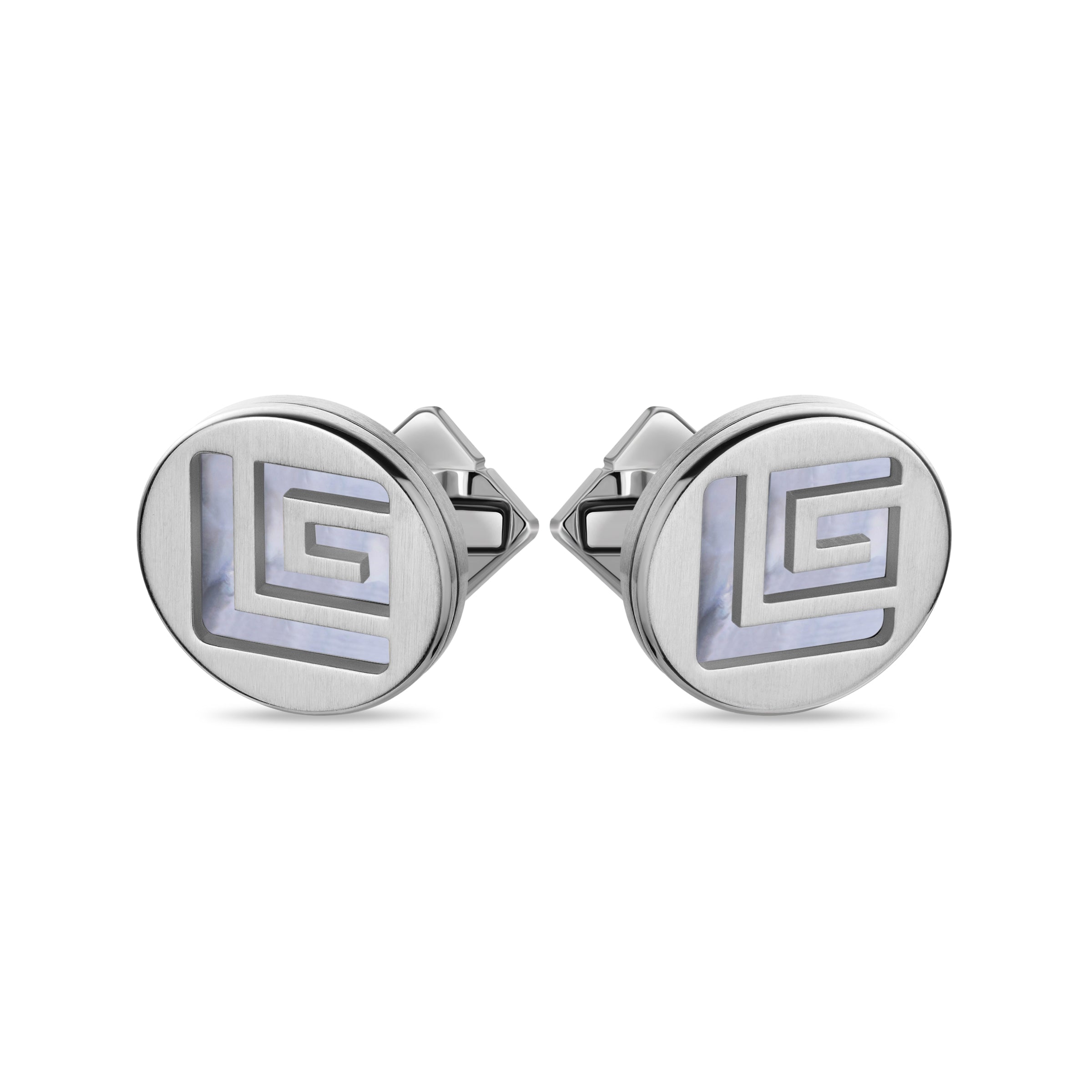 Pair of silver-toned cufflinks with a brushed finish. Each round cufflink has a geometric 'GL' cutout over a light blue iride