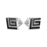 Pair of silver-toned cufflinks with black carbon fiber inlay forming a stylized 'G' design.