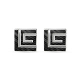 Pair of square Guy Laroche cufflinks with silver-toned borders and a black carbon fibre 'G' logo inlay.