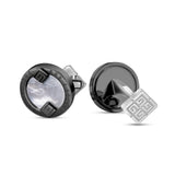 Black-toned cufflinks. One round, mother-of-pearl center, 'GUY LAROCHE'. Other has a silver-toned, geometric diamond toggle.