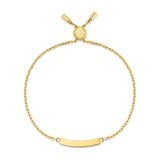 Gold-toned chain bracelet with a curved bar featuring crystals and an adjustable bolo clasp with a logo disc.