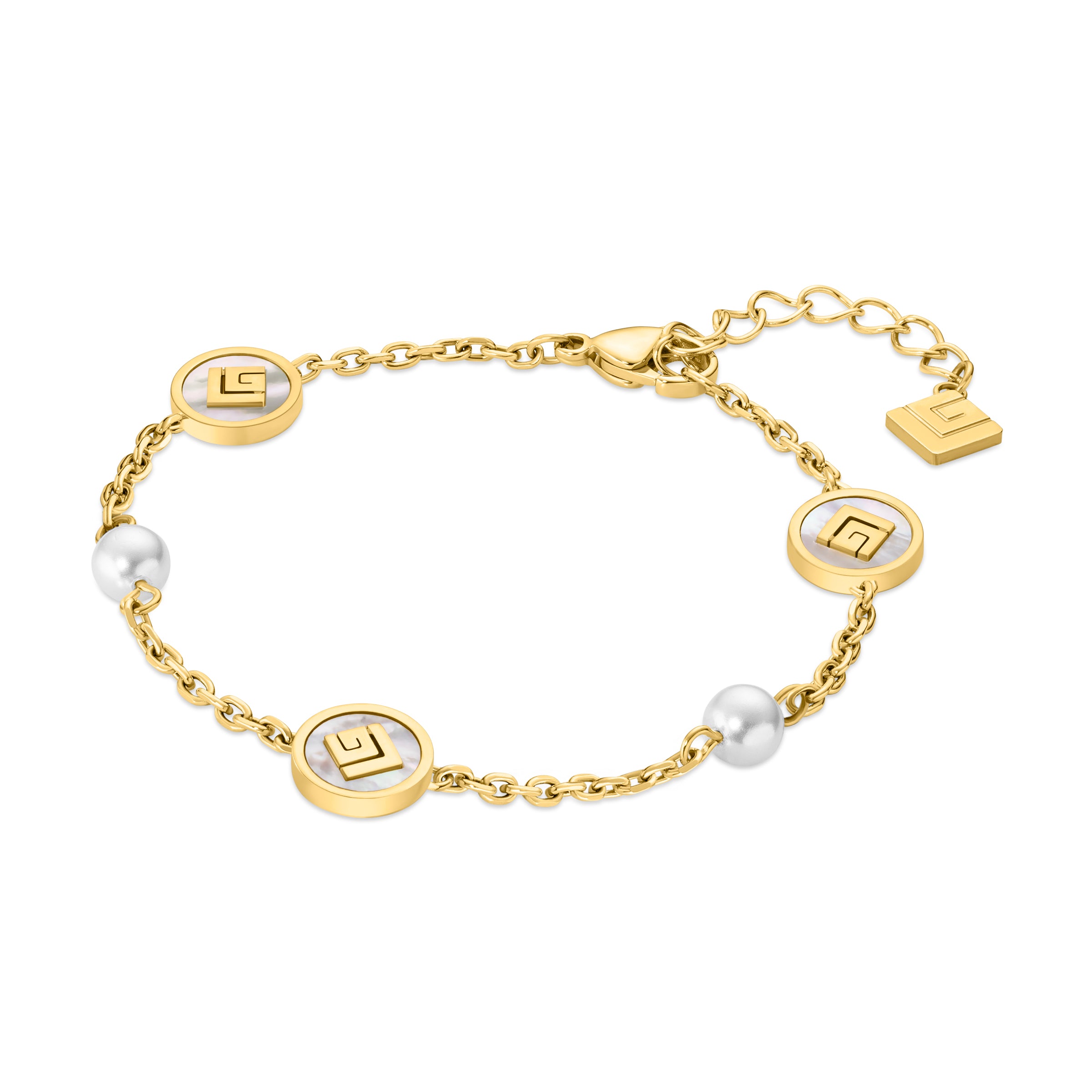 Gold-toned chain bracelet with three circular mother-of-pearl charms featuring a geometric logo and two white pearls.