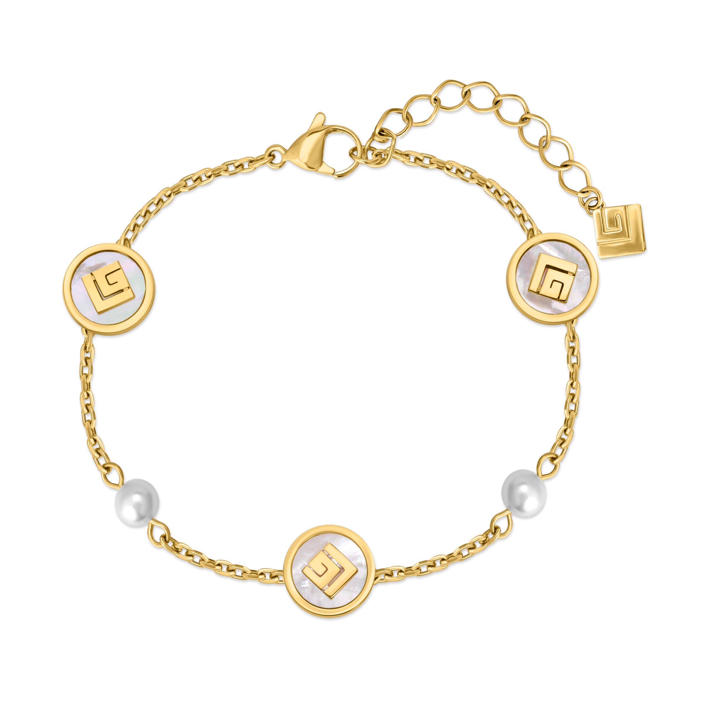 Gold-toned chain bracelet with three mother-of-pearl charms featuring a geometric design, two white pearls, and an extender.