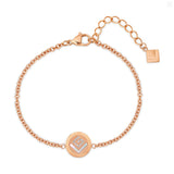 Rose gold-toned chain bracelet with a circular charm featuring mother of pearl inlay and clear crystals, secured by a lobster