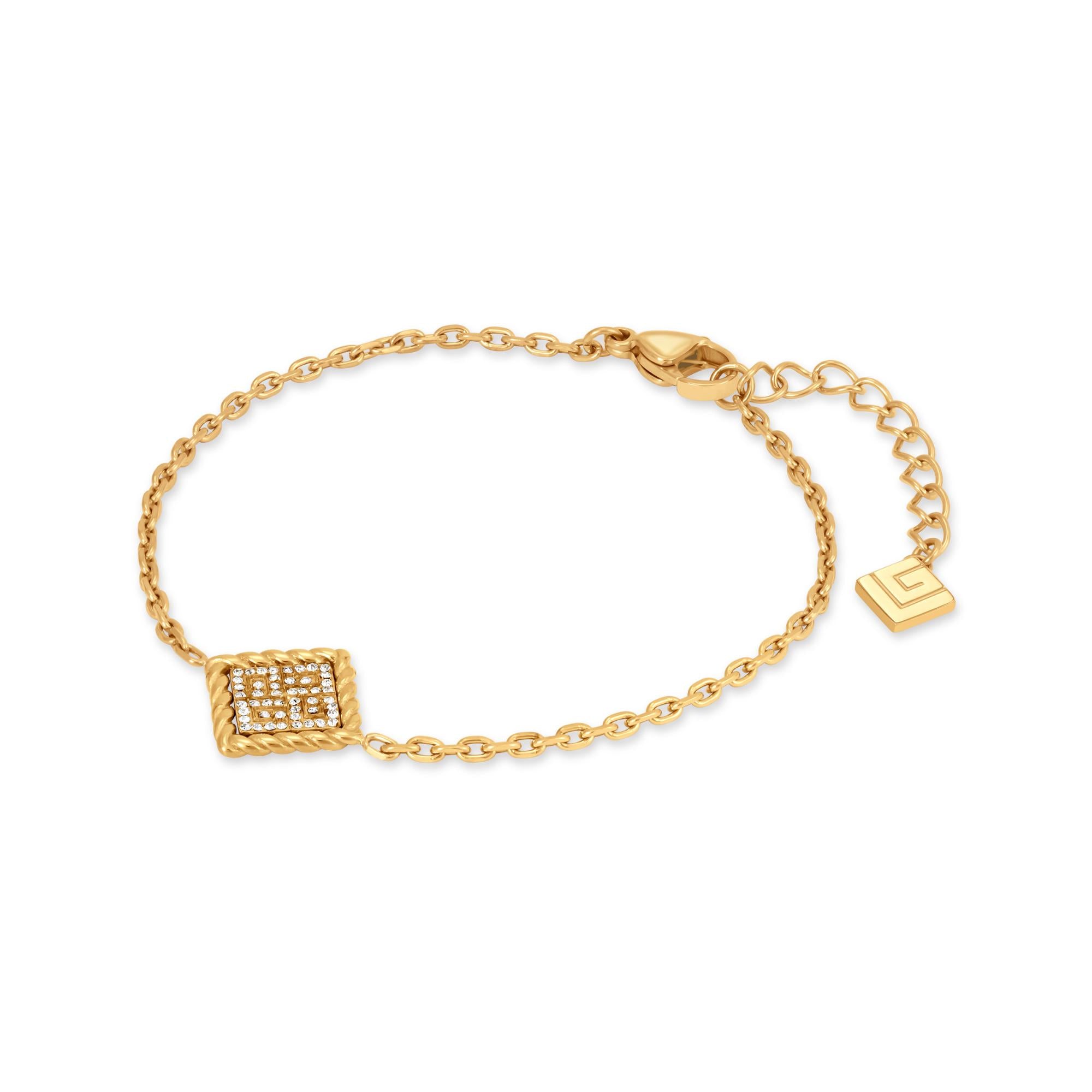 Gold-toned chain bracelet with a central rectangular charm featuring a twisted border and clear crystal embellishments.