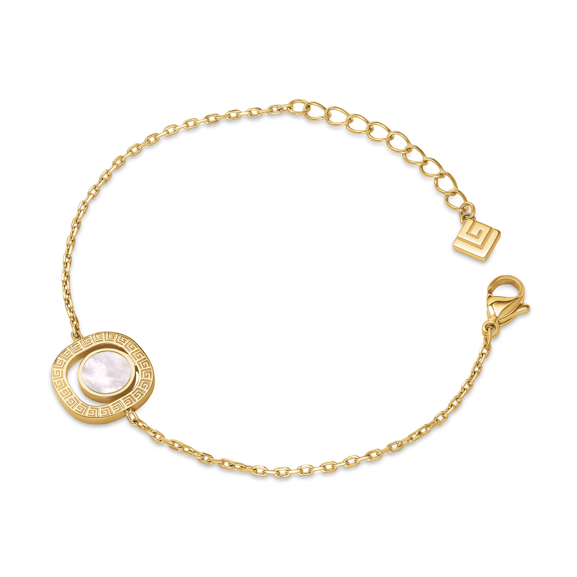 Gold-toned delicate chain bracelet with a circular charm featuring a white mother of pearl inlay and a Greek key pattern.