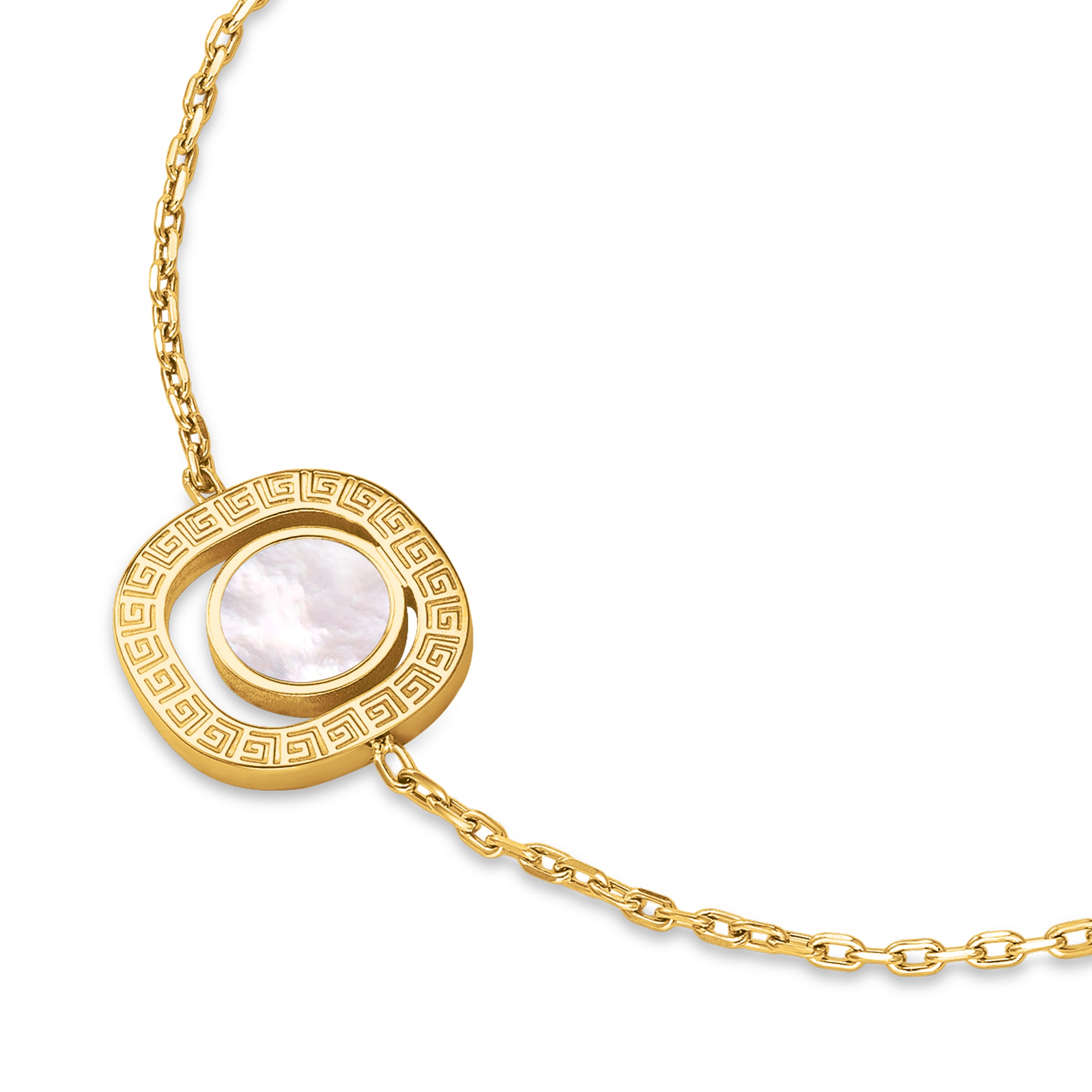 Gold-toned chain bracelet with a circular charm featuring an engraved Greek key pattern and a white mother-of-pearl disc.