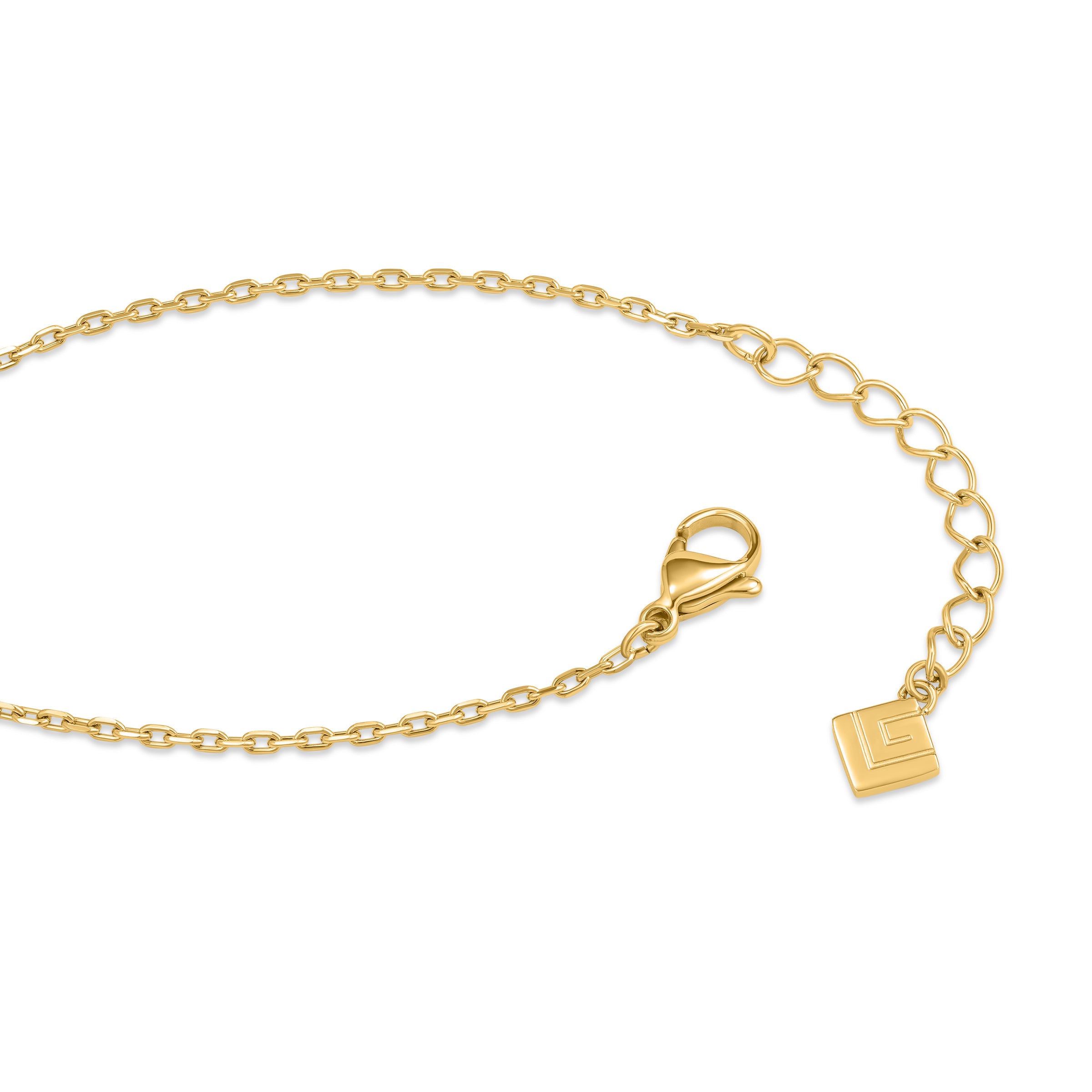 Gold-toned flat oval link chain bracelet with lobster clasp, extender chain, and square logo charm.