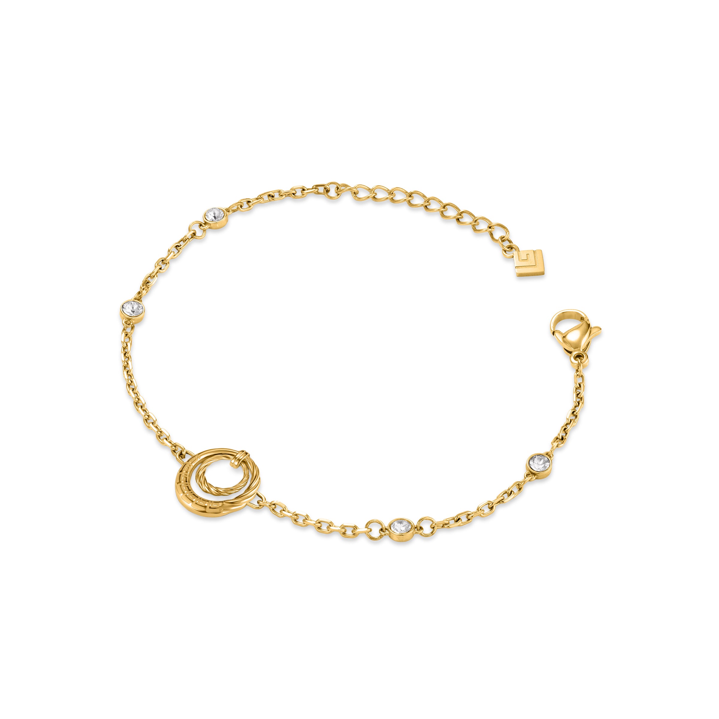 Gold-toned chain bracelet with a central twisted wire ring motif and five clear round crystals, featuring a lobster clasp.