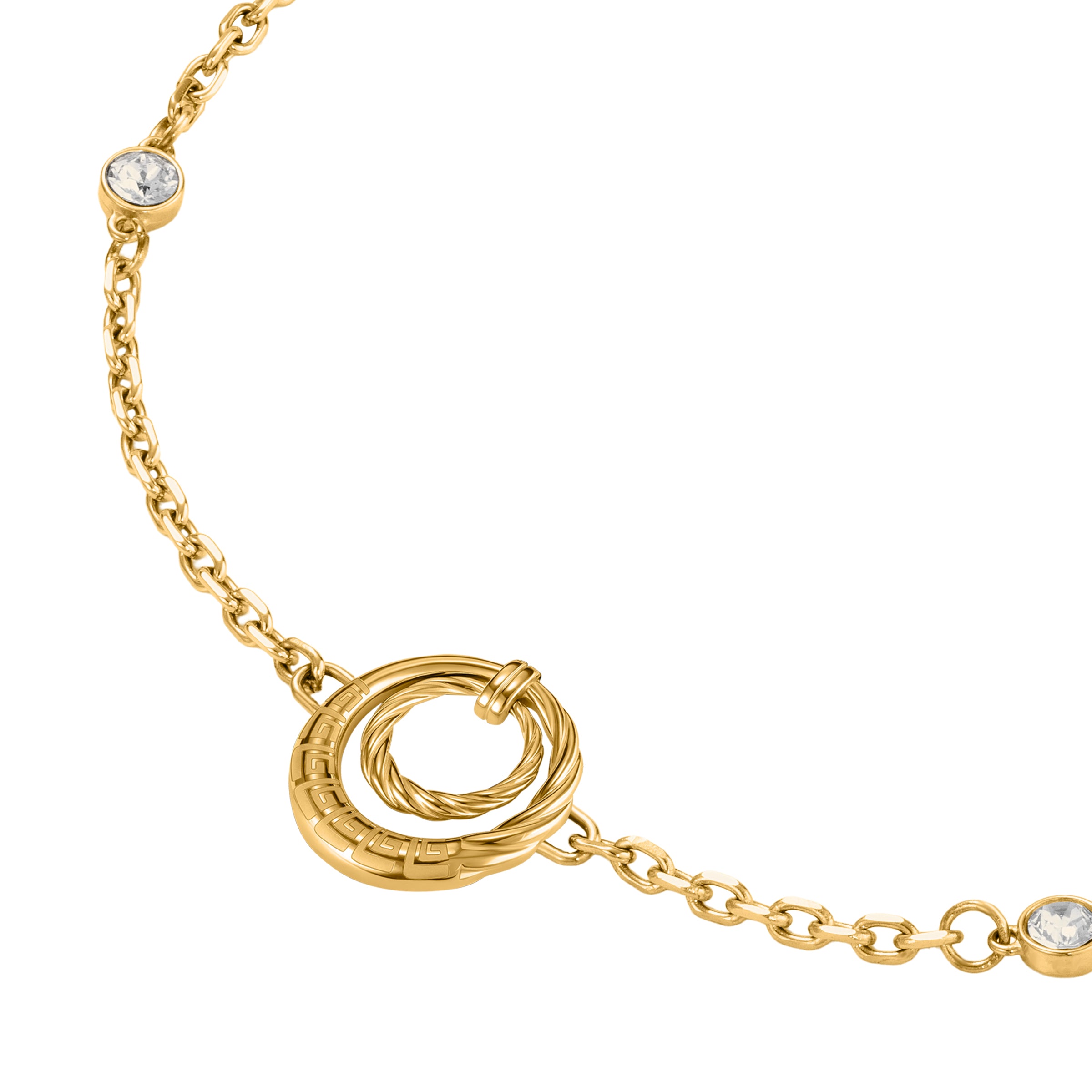 Gold-toned chain bracelet with clear crystals and intertwined rings, one smooth with a Greek key pattern, one twisted.