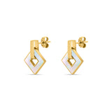 Gold-toned drop earrings with geometric patterned bars. Square iridescent white inlays with central cutouts.