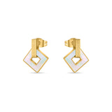 Pair of gold-toned stud earrings with a Greek key pattern bar and a dangling square frame filled with iridescent white mother