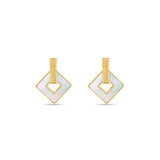 Pair of gold-toned square drop earrings with iridescent white mother of pearl inlay and a Greek key pattern bar.