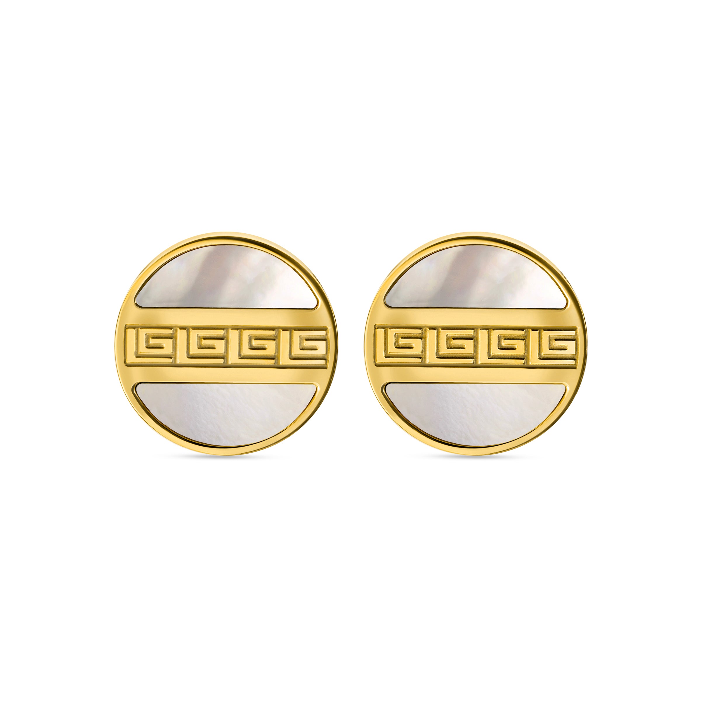 Pair of gold-toned circular earrings with white mother-of-pearl inlay and a central Greek key pattern.