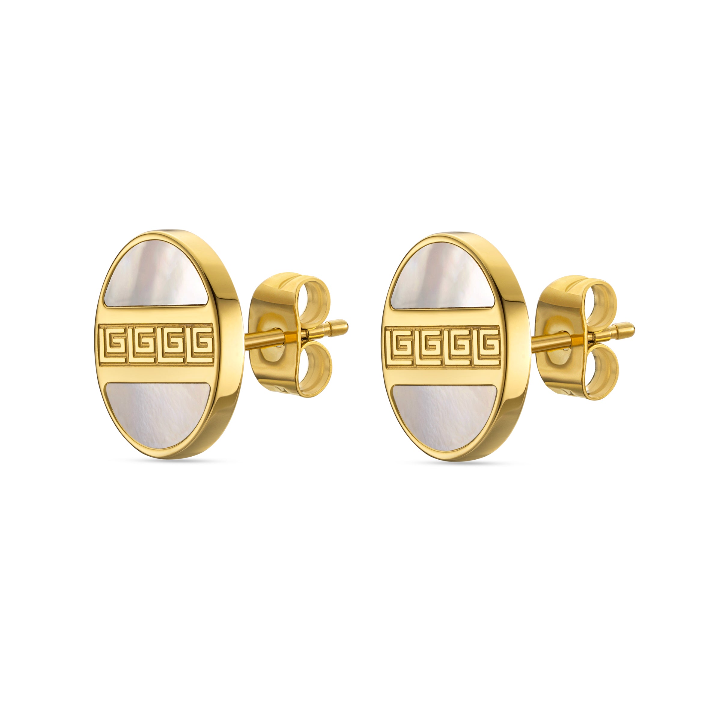A pair of gold-toned oval stud earrings, each featuring a central band with a repeating G-pattern and white mother-of-pearl s