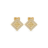 Pair of gold-toned diamond-shaped stud earrings with white mother of pearl inlay, geometric pattern, and clear crystal border