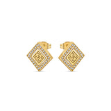 Pair of gold-toned diamond-shaped stud earrings with crystal-lined edges and a white center featuring a gold geometric patter