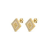 Pair of gold-toned diamond-shaped stud earrings with a border of clear crystals and a white mother-of-pearl center featuring