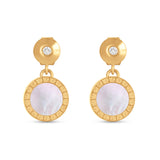 Pair of gold-toned drop earrings with clear stone studs and circular mother-of-pearl drops with Greek key borders.