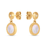 Gold-toned dangle earrings with round studs, clear stones, and circular mother-of-pearl dangles with Greek key borders.
