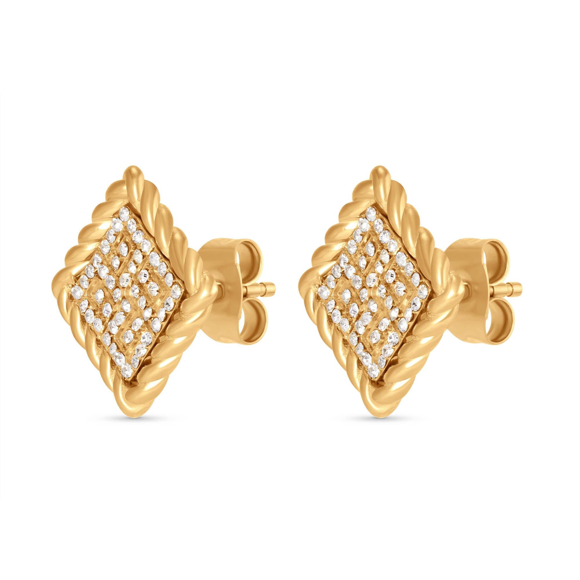 Pair of gold-toned diamond-shaped stud earrings with twisted wire borders and centers paved with white crystals.