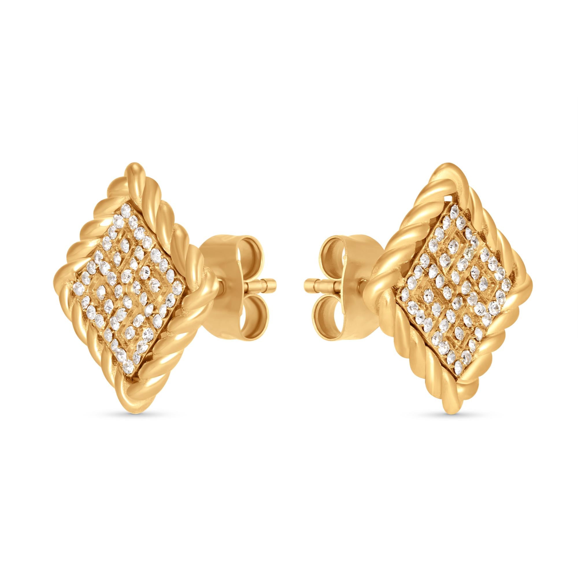 Pair of gold-toned diamond-shaped stud earrings with twisted wire edges and centers paved with clear crystals.